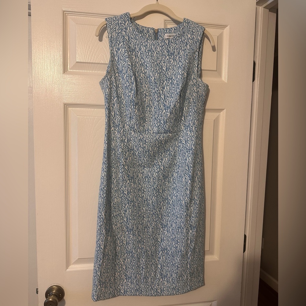 Calvin Klein Blue and White Sleeveless Sheath Dress, Size 8